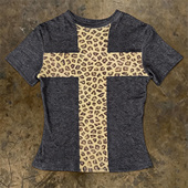 hoodie 酷感豹纹十字架短袖 T恤辣妹圆领纯棉修身 y2k 炸街风格 上衣