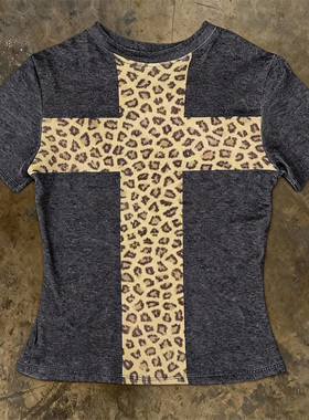 y2k hoodie~酷感豹纹十字架短袖T恤辣妹圆领纯棉修身炸街风格上衣