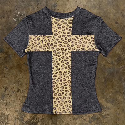 y2k hoodie~酷感豹纹十字架短袖T恤辣妹圆领纯棉修身炸街风格上衣