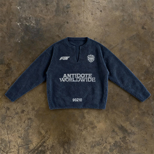y2k hoodie~美式复古运动风V领貂毛针织衫男女套头徽章印花藏青色
