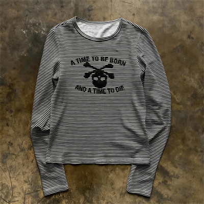 y2k hoodie~美式复古千禧风骷髅交叉骨条纹T恤短袖宽松潮牌上衣