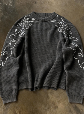 y2k hoodie美式复古圆领套头毛衣男女同款潮牌灰色宽松百搭针织衫