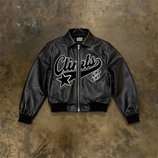 y2k 小众痞帅街头风黑色皮衣外套男女通用拉链字母夹克 hoodie美式