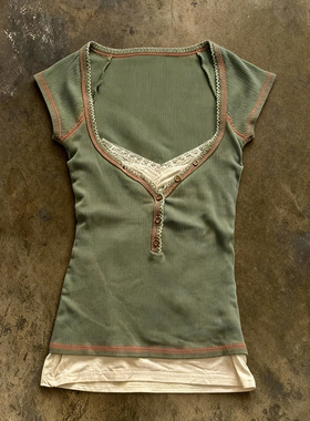 y2k hoodie美式复古方领蕾丝拼接假两件纽扣背心女绿色辣妹风上衣