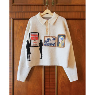 90s90s90s 名画拼贴复古设计感小众创意百搭休闲古着针织毛衣