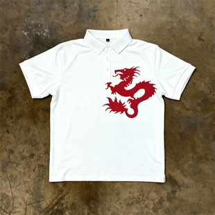 hoodie 翻领纯棉T恤夏季 国潮龙纹盘剪影短袖 情侣款 宽松 POLO衫 y2k