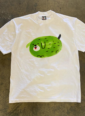 90s90s90s 重磅260G！绿色小狗青春多巴胺风男女情侣款短袖T上衣