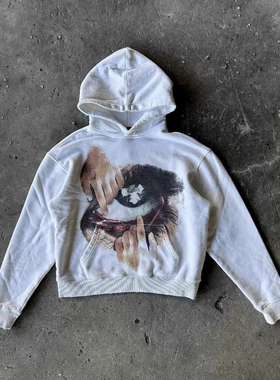 y2k hoodie美式高街风印花连帽卫衣男女宽松街头穿搭长袖上衣白色