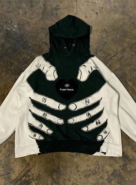 y2k hoodie~高街风骷髅手印花连帽卫衣男女同款宽松带帽衫拼色