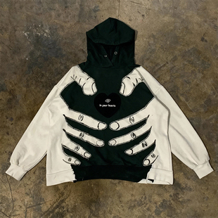 宽松带帽衫 高街风骷髅手印花连帽卫衣男女同款 拼色 hoodie y2k