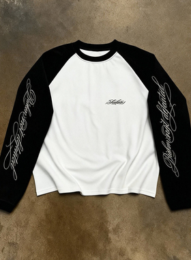 y2k hoodie~潮牌拼色长袖T恤男女字母圆领宽松打底衫运动风上衣