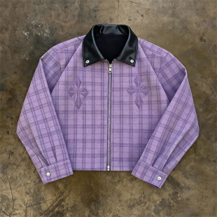 y2k 百搭 hoodie复古千鸟格翻领短外套女学院风拉链夹克老钱风时尚