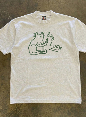 美式小众原创重磅纯棉高克重不透肉~复古Bad Luck猫咪印花短袖T恤