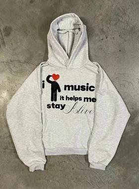 y2k hoodie~美式高街风连帽卫衣男女情侣装灰色印花宽松百搭外套