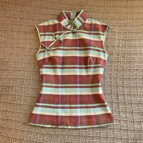 新中式复古小众vintage格纹无袖马甲女立领盘扣收腰背心辣妹上衣