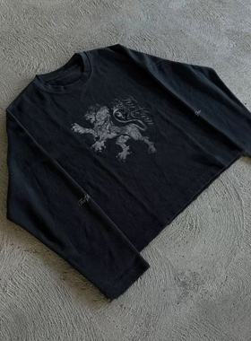 y2k hoodie~美式小众复古狮子长袖T恤男女宽松百搭休闲黑色上衣