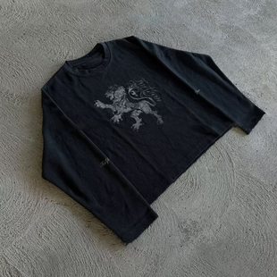 小众复古狮子长袖 美式 T恤男女宽松百搭休闲黑色上衣 hoodie y2k