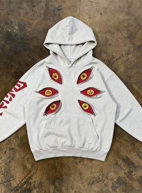 y2k hoodie美式小众眼睛装饰连帽卫衣男宽松套头长袖白色重磅上衣