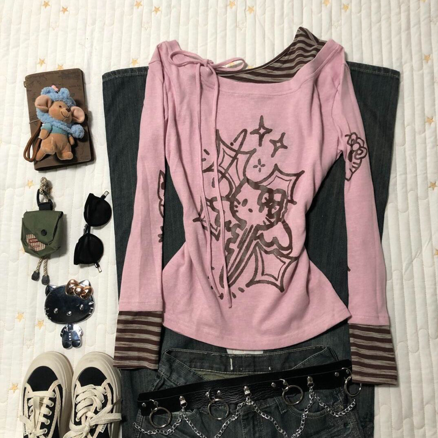 y2k hoodie~亚比风粉猫咪印花长袖T恤女宽松甜酷学院风打底衫上衣,女装/女士精品,T恤,淘宝优惠券,粉丝福利购,淘宝优惠卷