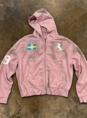 y2k hoodie~美式小众粉色做旧水洗印花连帽拉链卫衣宽松长袖外套