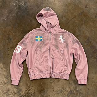 小众粉色做旧水洗印花连帽拉链卫衣宽松长袖 美式 外套 hoodie y2k