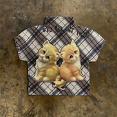 y2k小众穿搭辣妹风短袖 90s90s90s美式 复古格纹猫咪童趣涂鸦 T恤女