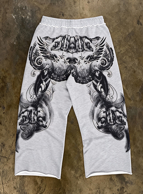 y2k hoodie~嘻哈风印花卫裤女宽松阔腿裤灰色直筒裤休闲潮流裤子