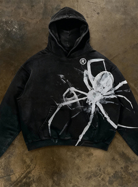 y2k hoodie~美式涂鸦风蜘蛛印花连帽卫衣男女情侣款宽松黑色帽衫