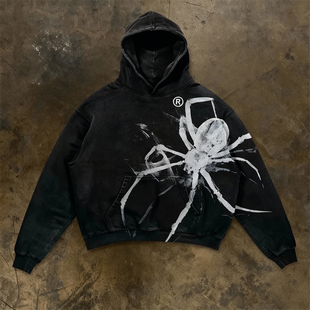 宽松黑色帽衫 y2k 涂鸦风蜘蛛印花连帽卫衣男女情侣款 美式 hoodie