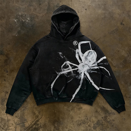 y2k hoodie~美式涂鸦风蜘蛛印花连帽卫衣男女情侣款宽松黑色帽衫