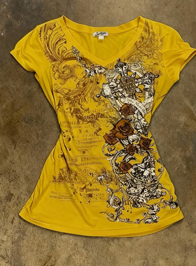 y2k hoodie~美式复古v领印花短袖T恤女黄色修身显瘦辣妹风上衣