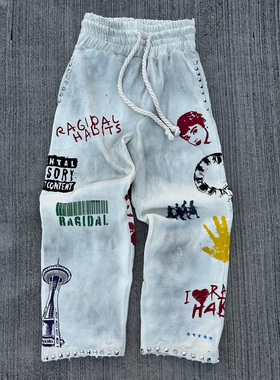 y2k hoodie~美式小众复古涂鸦风卫裤灰色抽绳宽松街头风休闲裤潮