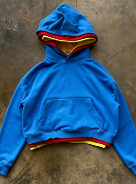 美式复古Y2K穿搭撞色连帽卫衣男女情侣装蓝色加厚长袖简约运动风