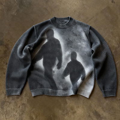 y2k hoodie~美式复古人影做旧圆领宽松针织衫男女ins潮流毛衣外套