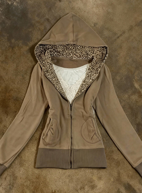 y2k hoodie~复古辣妹豹纹风棕色连帽拉链修身卫衣女宽松休闲外套