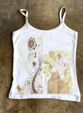 y2k hoodie美式小众动漫印花吊带背心女内搭外穿辣妹修身白色上衣