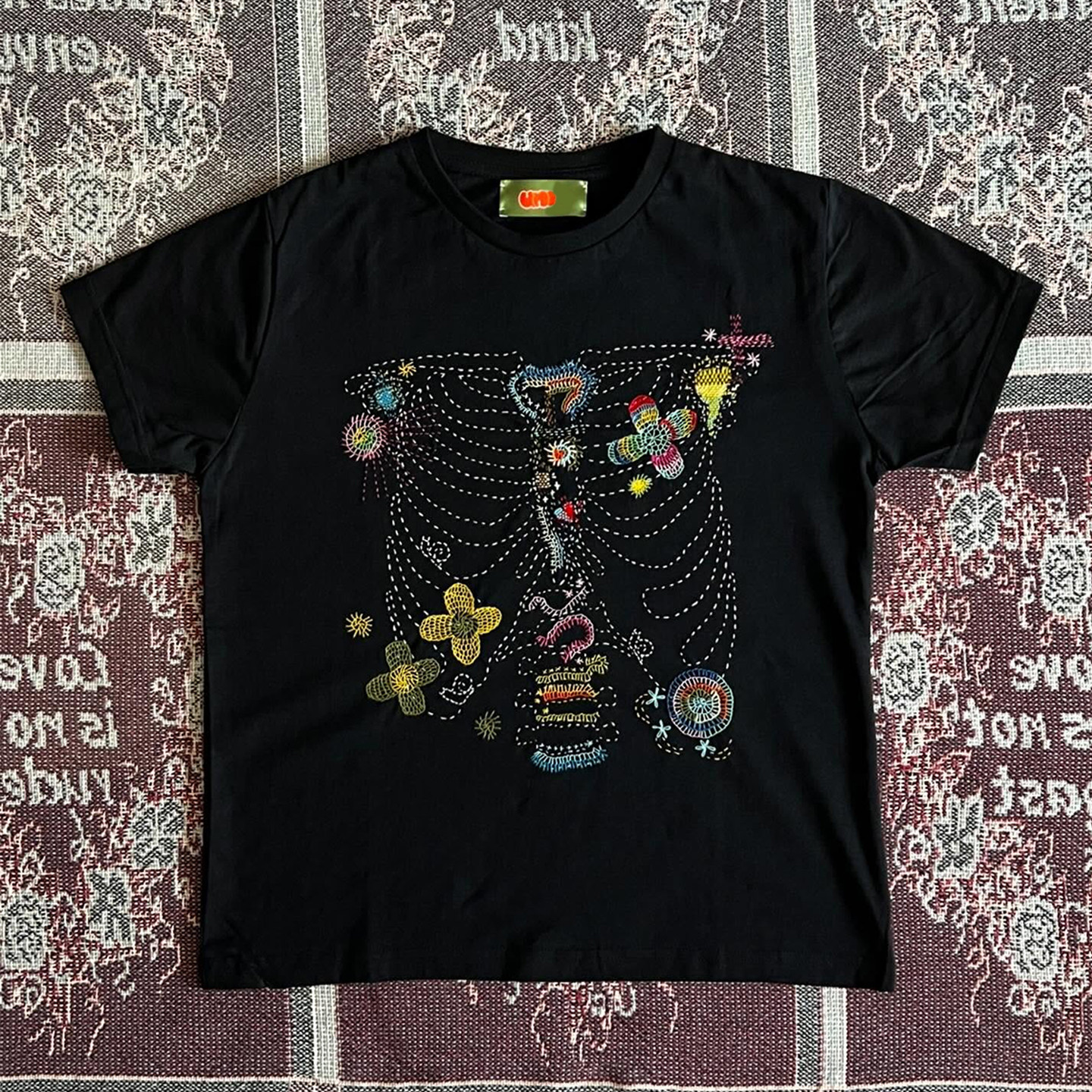 90s90s90s美式复古重磅!骨骼花朵~百搭小众宽松圆领情侣短袖T恤女