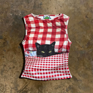 上衣 小众辣妹风黑猫咪印花背心女内搭趣味可爱无袖 y2k hoodie美式