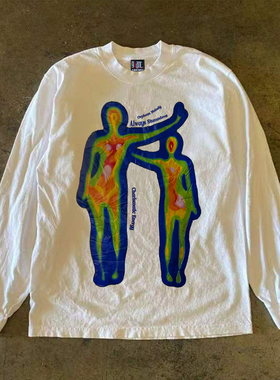 y2k hoodie~美式小众复古长袖T恤白色小众宽松百搭重磅纯棉上衣冬