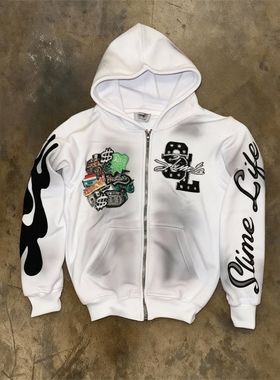 y2k hoodie~美式高街风火焰连帽卫衣男女拉链街头休闲风白色上衣
