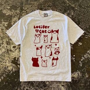 T恤男女宽松纯棉白色夏季 小众重磅260克短袖 上衣 美式 恶魔猫涂鸦
