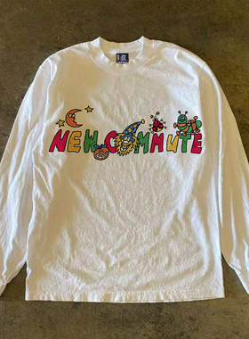 美y2k hoodie~式童趣风卡通印花长袖T恤白色宽松百搭小众设计上衣