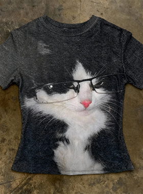 y2k hoodie~美式辣妹风猫咪印花短袖T恤男女通用百搭修身黑色上衣