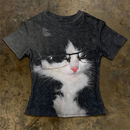 y2k hoodie~美式辣妹风猫咪印花短袖T恤男女通用百搭修身黑色上衣