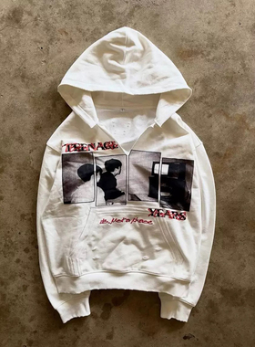 y2k hoodie~美式复古印花连帽卫衣男女情侣装白色宽松长袖上衣