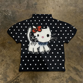 y2k美式 卡通风小猫印花短袖 T恤女夏黑色波点纯棉辣妹风短上衣显瘦