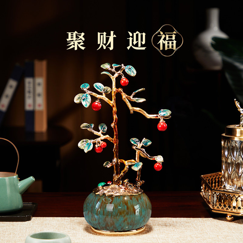 珐瑯彩聚宝盆发财树摆件招财聚财客厅办公室装饰品乔迁新居礼物
