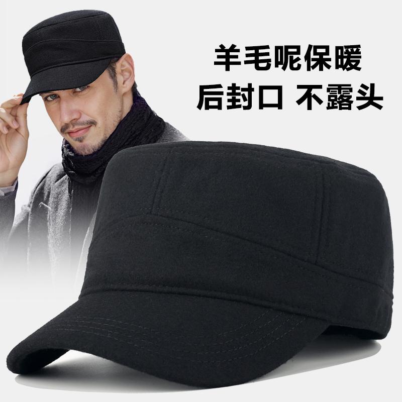 冬季防风全封口羊毛呢帽子男加绒保暖大码平顶帽中年大头围鸭舌帽