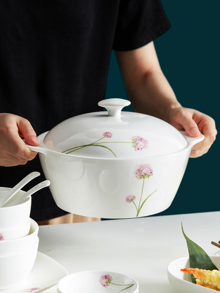 骨瓷汤盆陶瓷家用双耳防烫易端带盖大碗菜盆大汤碗羹汤品锅