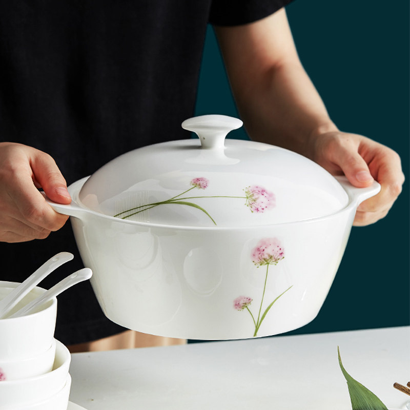 骨瓷汤盆陶瓷家用双耳防烫易端带盖大碗菜盆大汤碗羹汤品锅